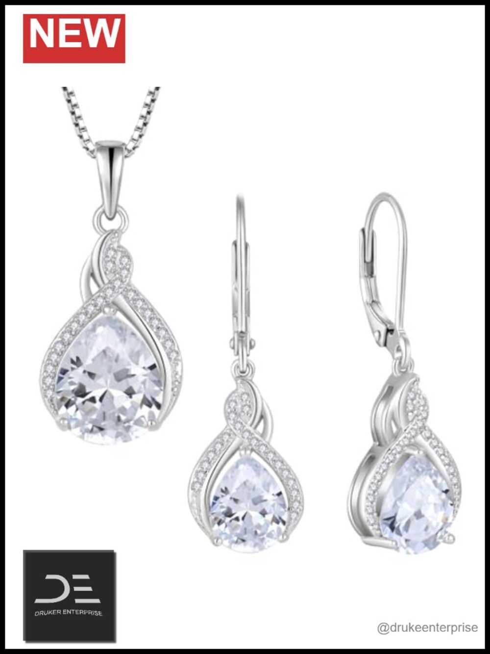 Infinity Teardrop Jewelry Set - 925 Sterling Silver with 18k White Gold Plated,